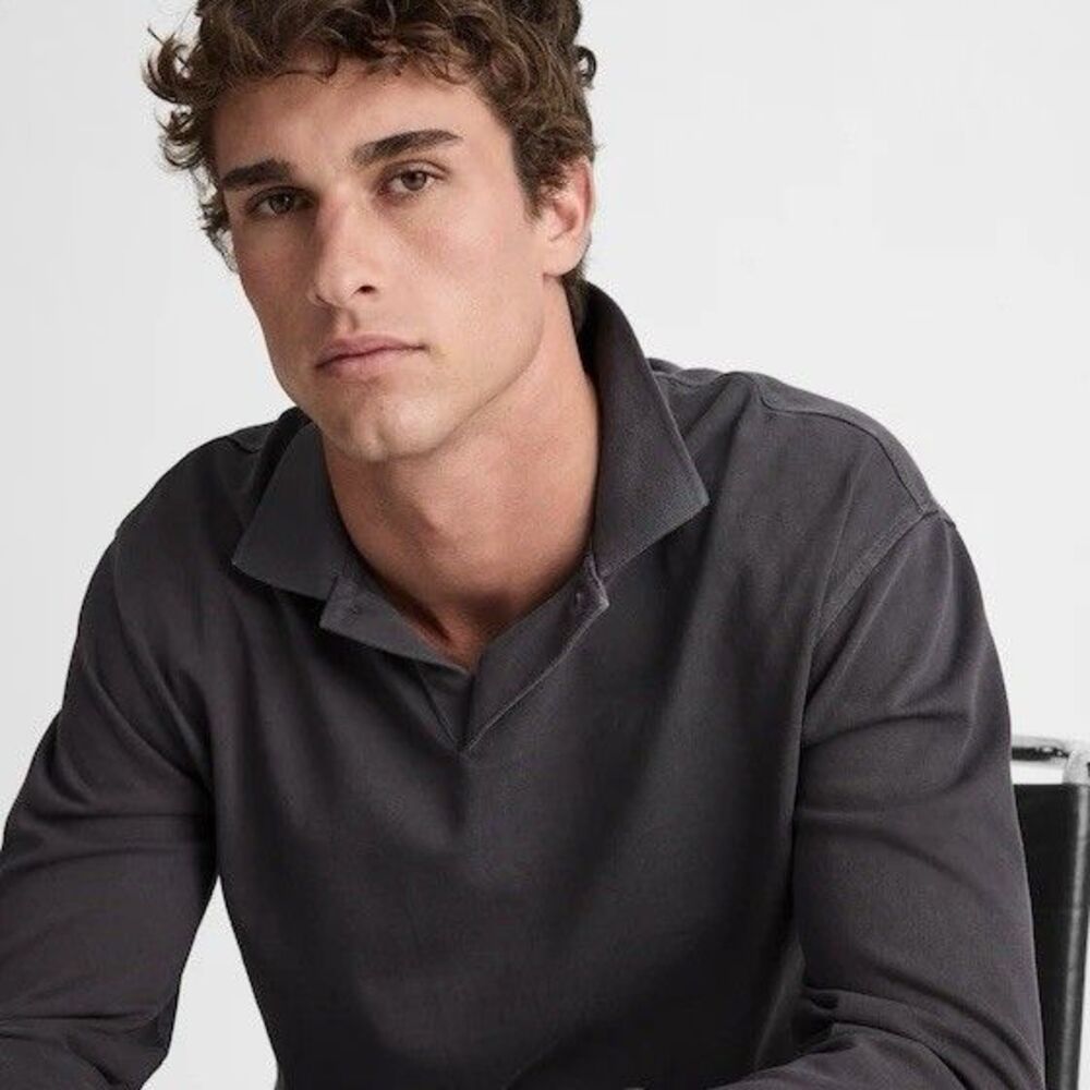 Madewell Compact-Knit Polo Shirt Mens S Gray Coal Long Sleeve Oversize NZ247 NWT